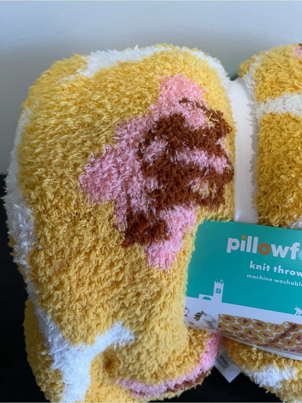 Pillowfort Yellow Plush Knit Throw with Pink White and Maroon Flower Accents
